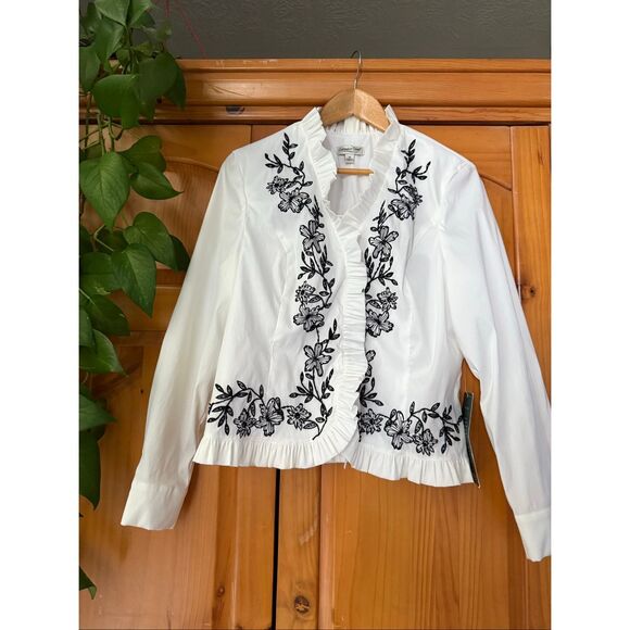 Coldwater Creek White Embroidered Ruffle Blouse Sz 14 NWT Back Zipper - Picture 1 of 14